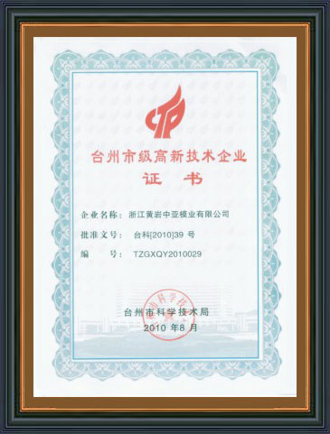 Certificado de empresa de alta tecnologia de nível Taizhou